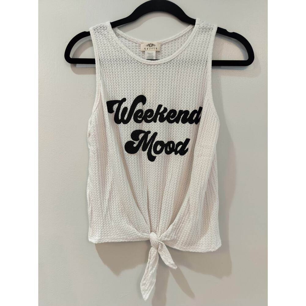 Revive Juniors L White Waffle Knit Tank Top “Weekend Mood” Front Tie Tee